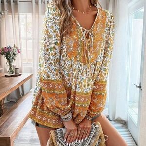 VCAY Floral Print Lantern Sleeve Cream & Green Color Women's  Top Size XL